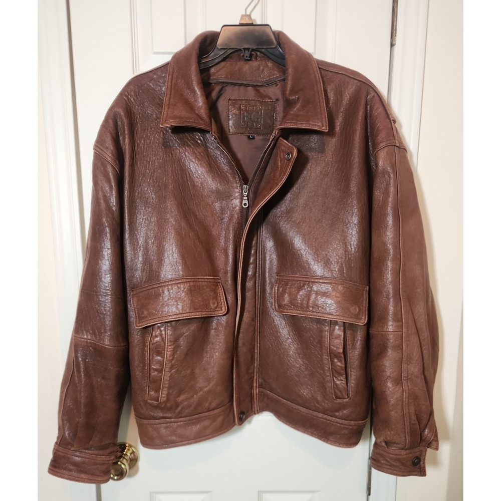 Vintage 90's FG Field Gear Men's Brown Genuine Leather Bomber Jacket L SEE PHOTO